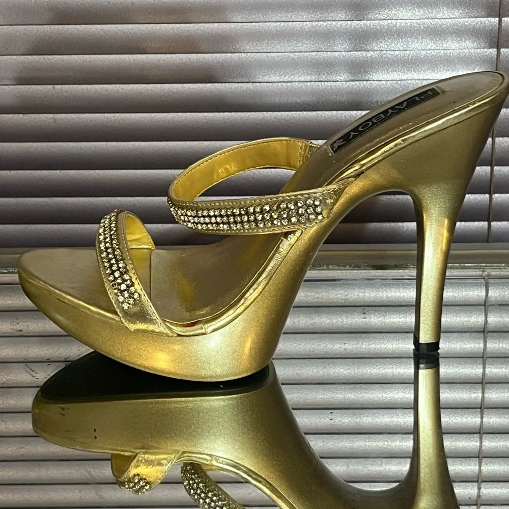 PLAYBOY Gold Rhinestone stiletto high heel sandal shoes vintage sparkly platform - Picture 2 of 7